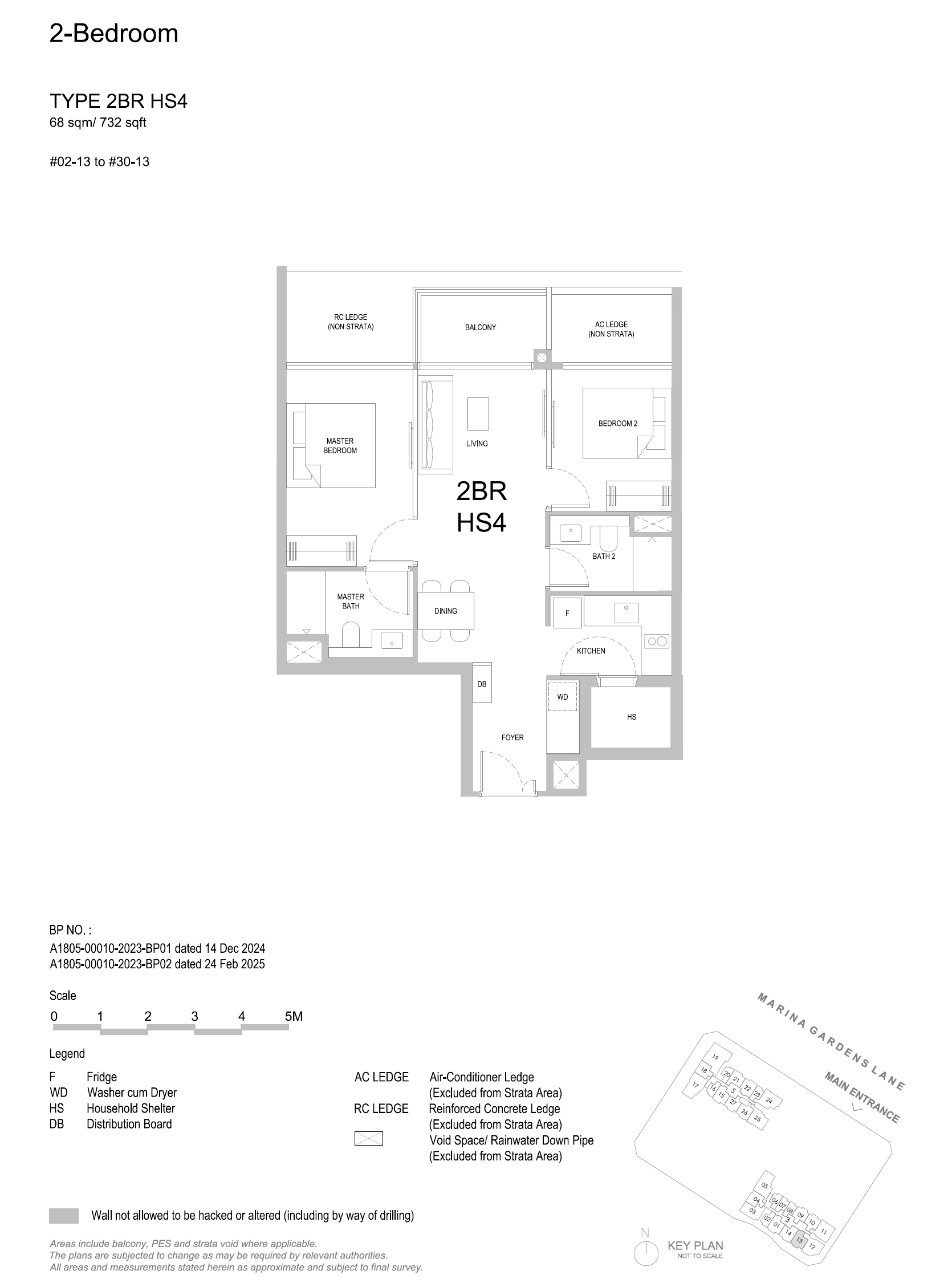 Approved floor plan for unit type 2BR HS4, 2 Bedroom, 732 sq ft