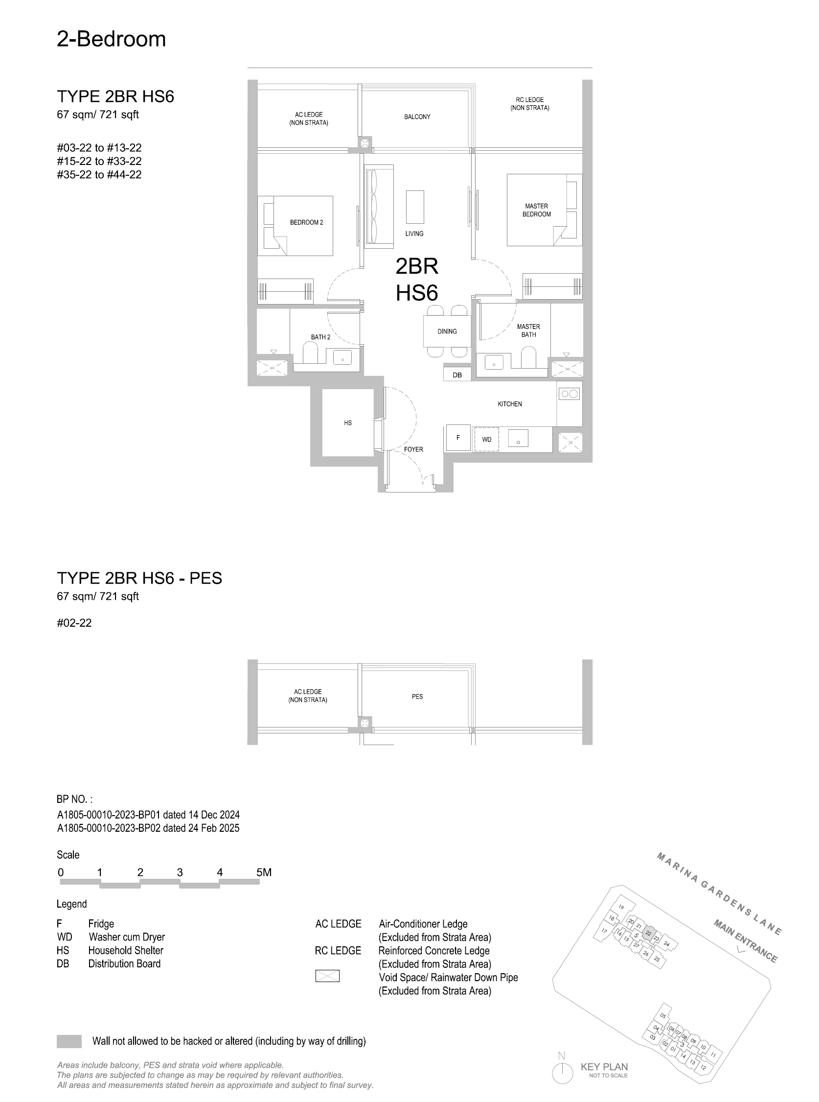 Approved floor plan for unit type 2BR HS6-PES, 2 Bedroom, 721 sq ft