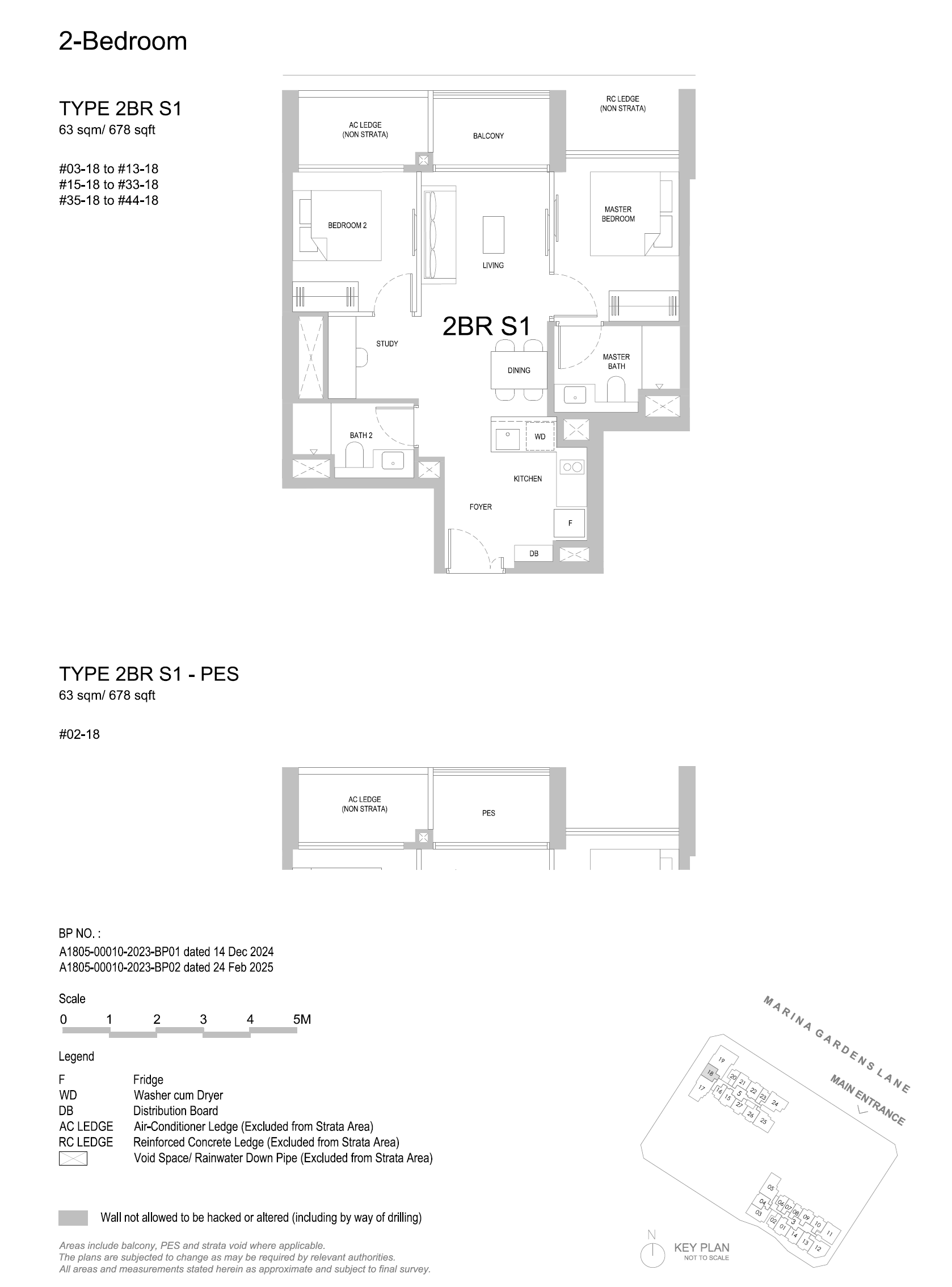 Approved floor plan for unit type 2BR S1, 2 Bedroom with study, 678 sq ft