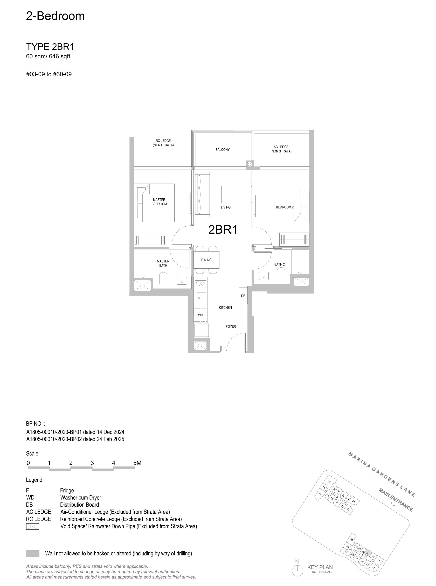 Approved floor plan for unit type 2BR1, 2 Bedroom, 646 sq ft