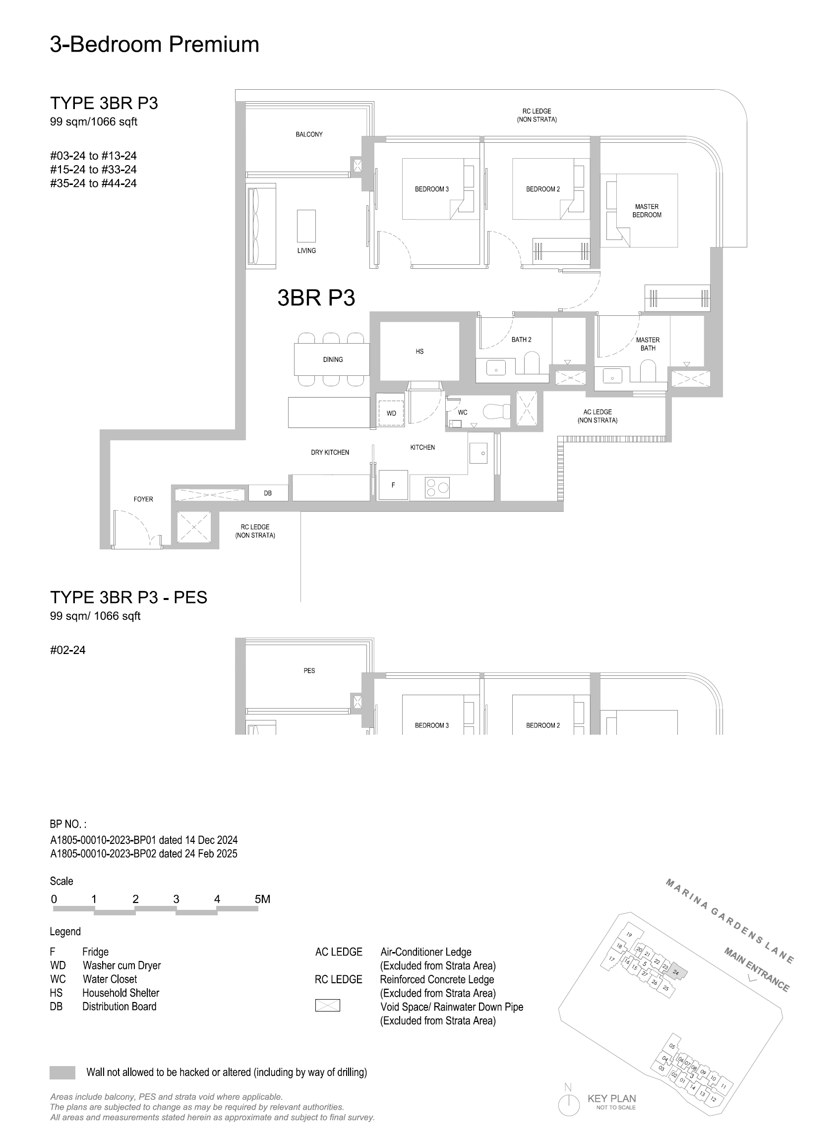 Approved floor plan for unit type 3BR P3-PES, 3 Bedroom Premium, 1,066 sq ft