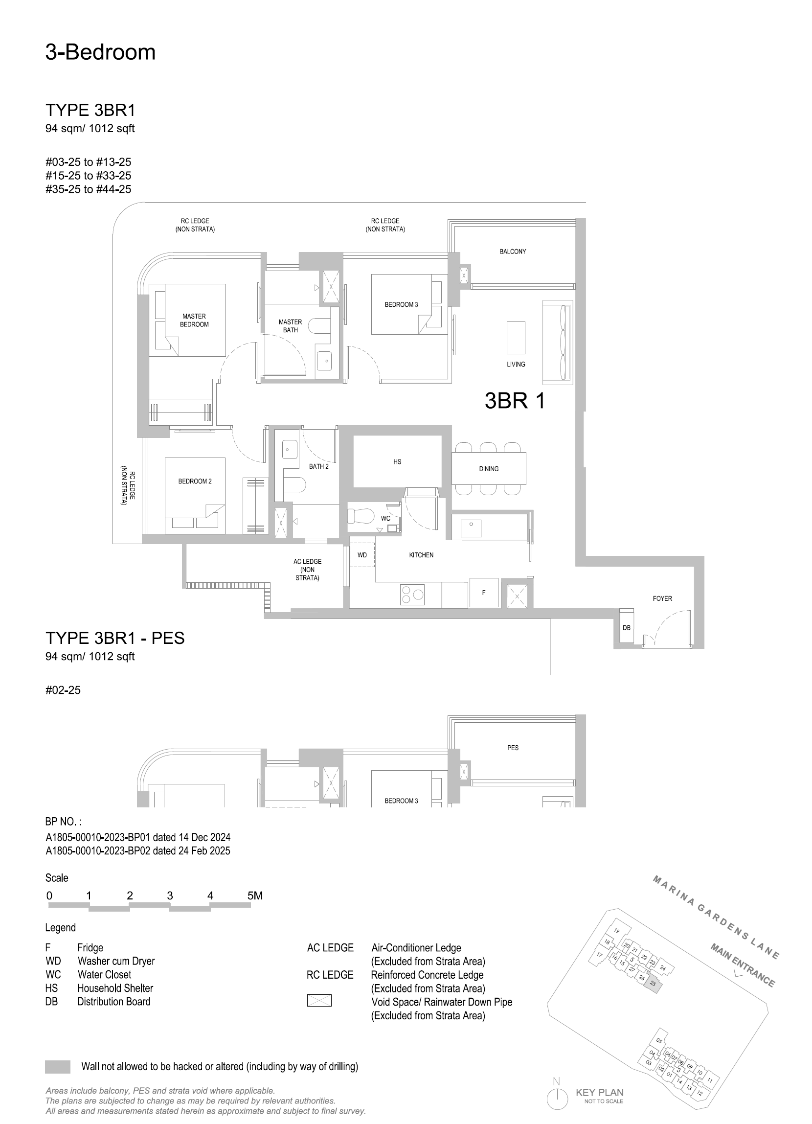 Approved floor plan for unit type 3BR1-PES, 3 Bedroom, 1,012 sq ft